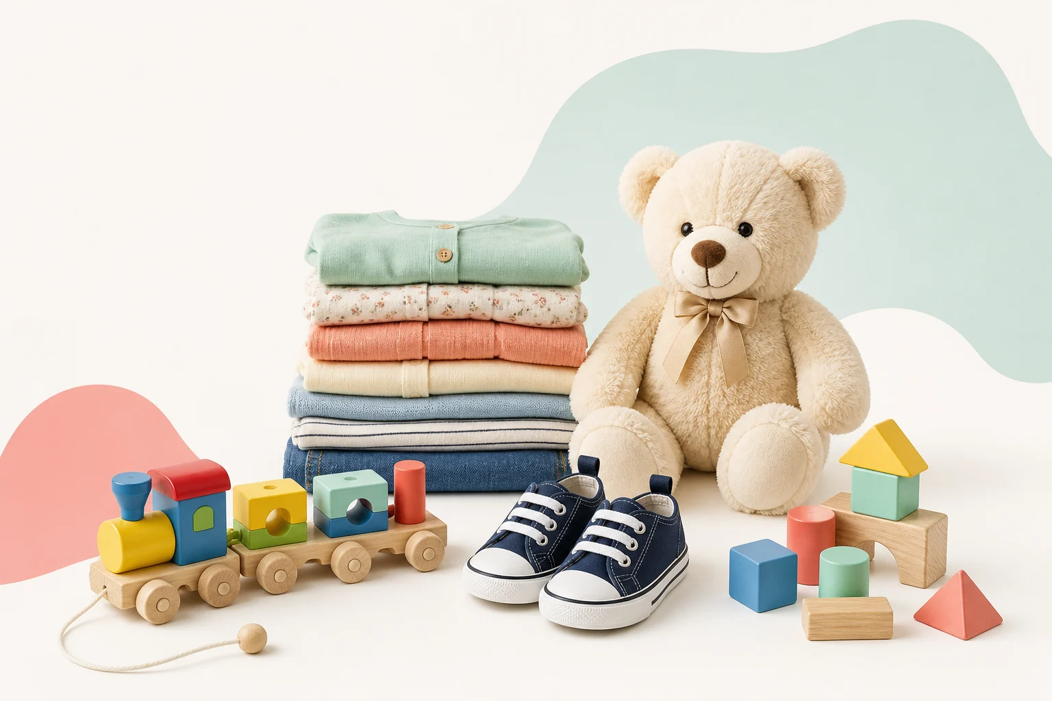Roupas, brinquedos, calçados e itens infantis prontos para uma nova fase